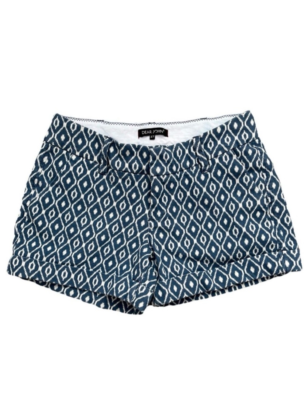 Dear John Women’s Finnegan Roll Cuff Blue and White Geometric Shorts Size 27